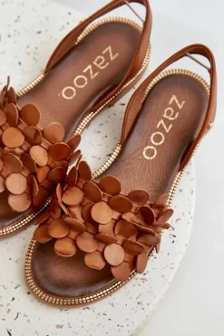 Skórzane Sandały Na Płaskim Obcasie Zazoo 40425 Brązowe