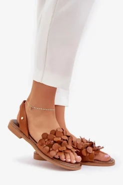 Skórzane Sandały Na Płaskim Obcasie Zazoo 40425 Brązowe