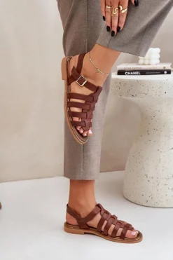 Skórzane Sandały Na Płaskim Obcasie Zazoo 3686 Brązowe