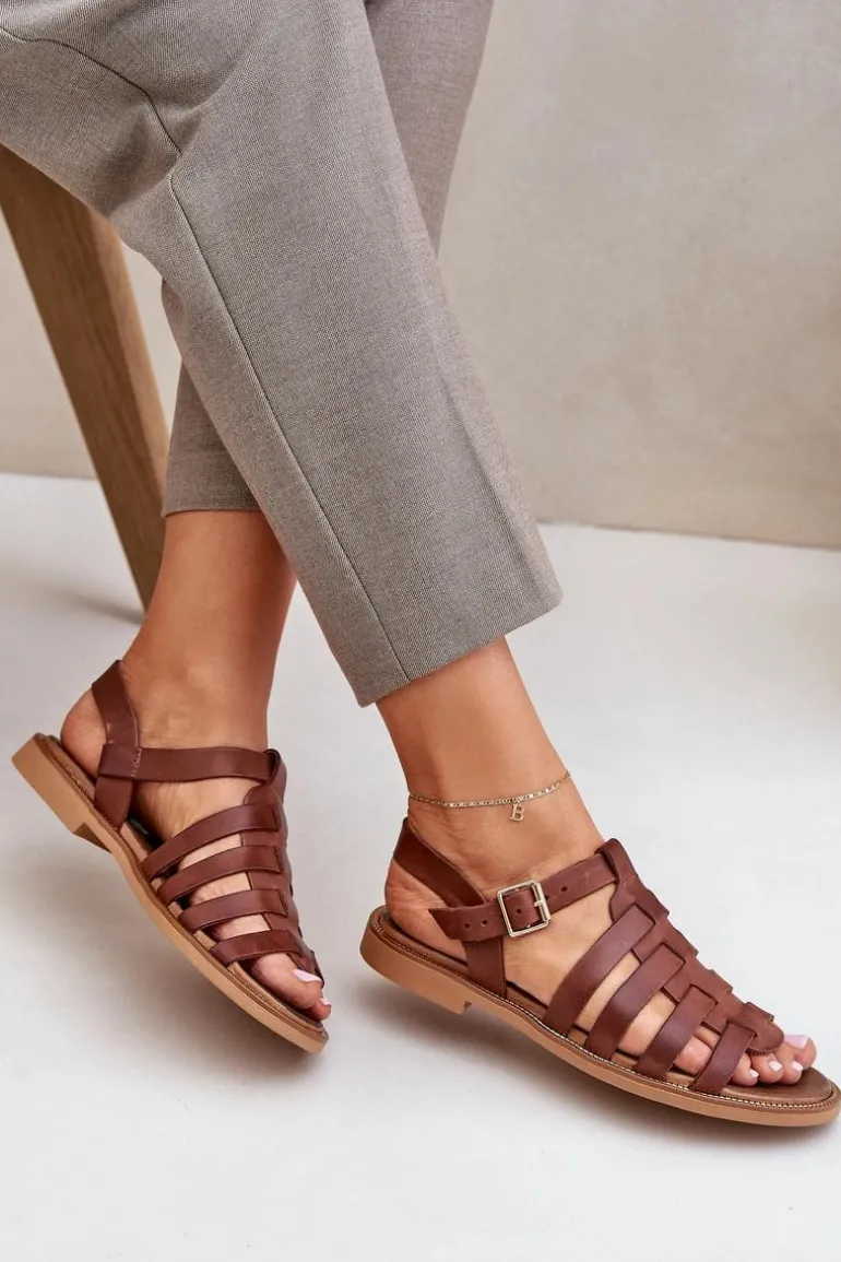 Skórzane Sandały Na Płaskim Obcasie Zazoo 3686 Brązowe