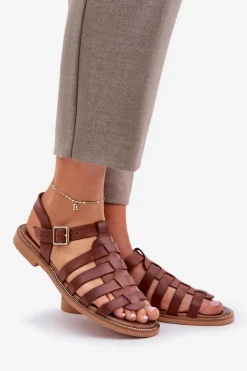 Skórzane Sandały Na Płaskim Obcasie Zazoo 3686 Brązowe