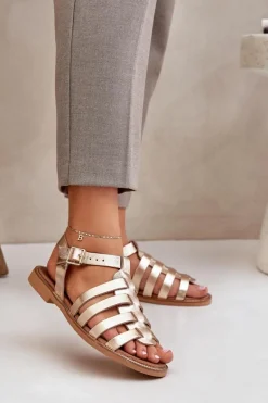 Skórzane Sandały Na Płaskim Obcasie Zazoo 3686 Złote