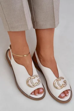 Skórzane Sandały Na Płaskim Obcasie Z Ozdobą Laura Messi 2865 Jasnobeżowe