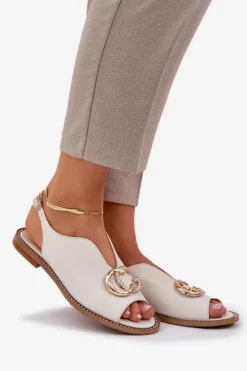 Skórzane Sandały Na Płaskim Obcasie Z Ozdobą Laura Messi 2865 Jasnobeżowe