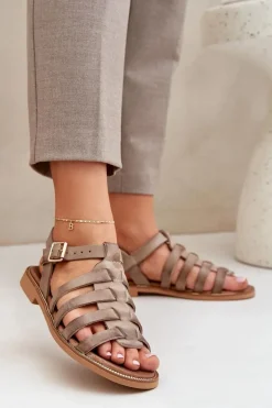 Skórzane Sandały Na Płaskim Obcasie Zazoo 3686 Ciemnobeżowe