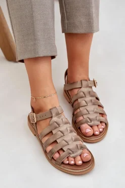 Skórzane Sandały Na Płaskim Obcasie Zazoo 3686 Ciemnobeżowe
