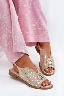 Skórzane Sandały Na Płaskim Obcasie Z Ozdobą S.Barski KV51-094 Złote