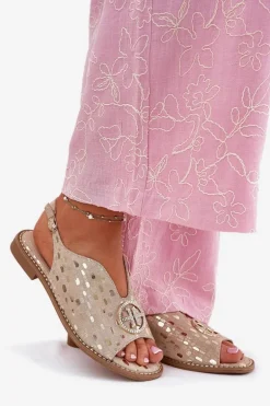 Skórzane Sandały Na Płaskim Obcasie Z Ozdobą S.Barski KV51-094 Złote