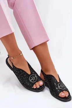 Skórzane Sandały Na Płaskim Obcasie Z Ozdobą S.Barski KV51-094 Czarne