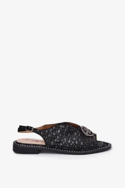 Skórzane Sandały Na Płaskim Obcasie Z Ozdobą S.Barski KV51-094 Czarne