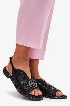 Skórzane Sandały Na Płaskim Obcasie Z Ozdobą S.Barski KV51-094 Czarne