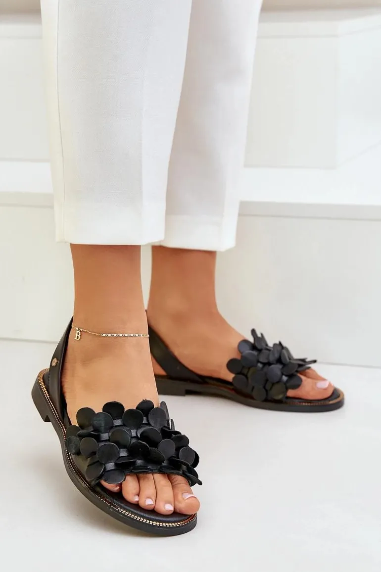 Skórzane Sandały Na Płaskim Obcasie Zazoo 40425 Czarne