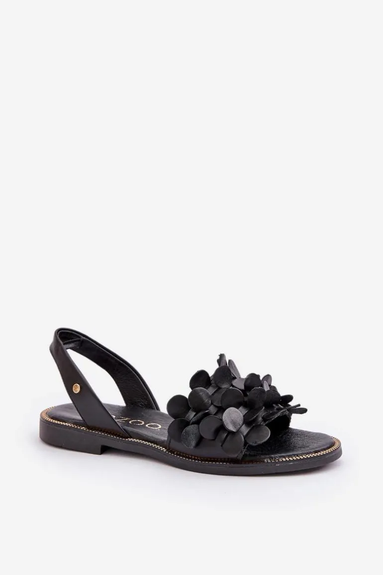 Skórzane Sandały Na Płaskim Obcasie Zazoo 40425 Czarne