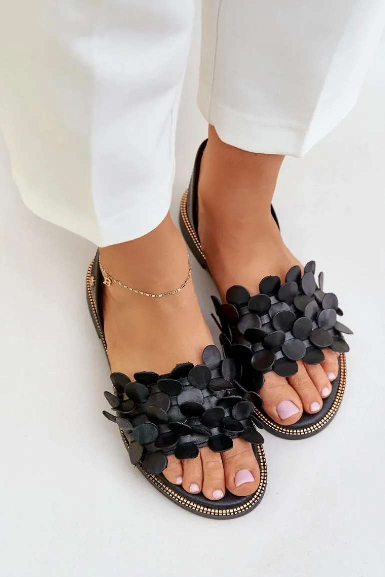 Skórzane Sandały Na Płaskim Obcasie Zazoo 40425 Czarne