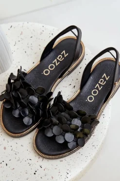 Skórzane Sandały Na Płaskim Obcasie Zazoo 40425 Czarne