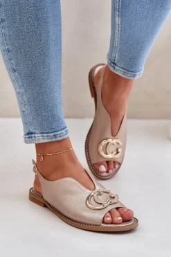 Skórzane Sandały Na Płaskim Obcasie Z Ozdobą Laura Messi 2865 Złote