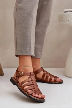 Skórzane Sandały Na Płaskim Obcasie Zazoo 3686 Camel