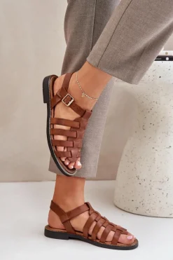 Skórzane Sandały Na Płaskim Obcasie Zazoo 3686 Camel