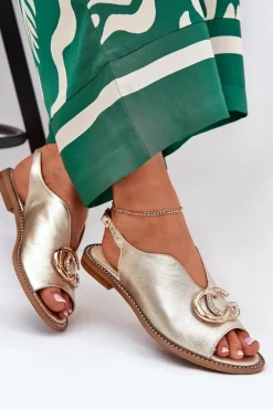 Skórzane Sandały Na Płaskim Obcasie Z Ozdobą Laura Messi 2865 Złote