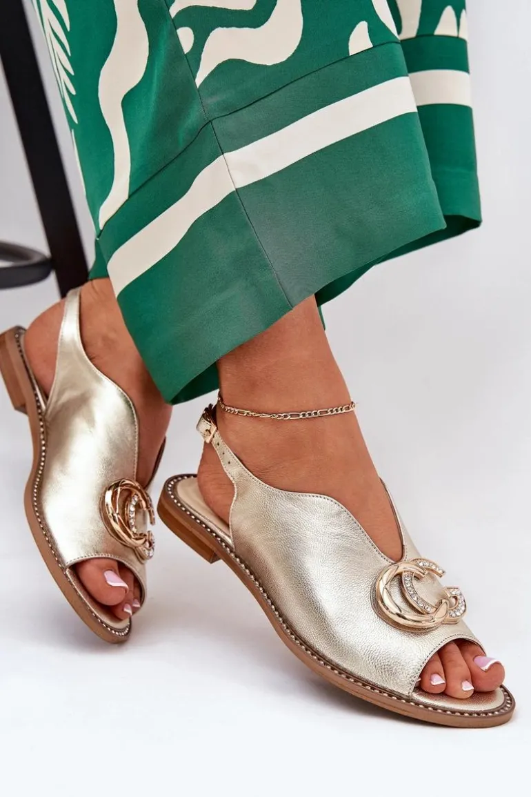 Skórzane Sandały Na Płaskim Obcasie Z Ozdobą Laura Messi 2865 Złote