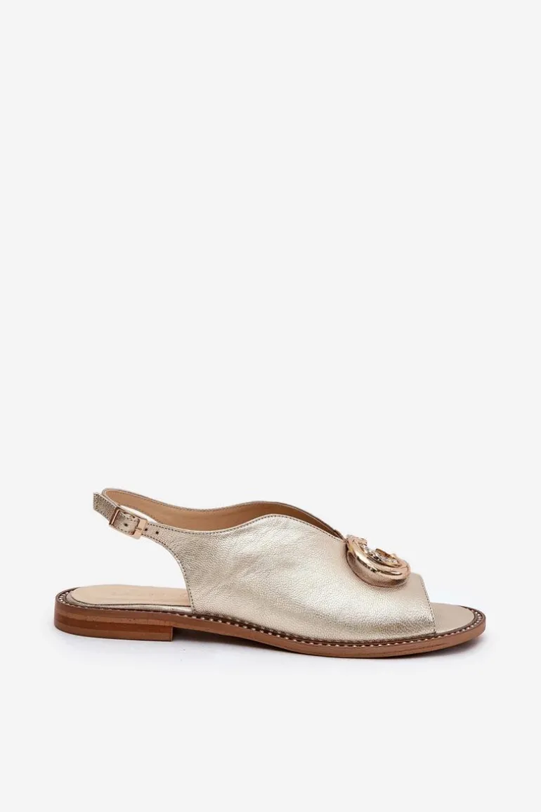 Skórzane Sandały Na Płaskim Obcasie Z Ozdobą Laura Messi 2865 Złote