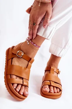 Skórzane Sandały Na Platformie Camel Tessy