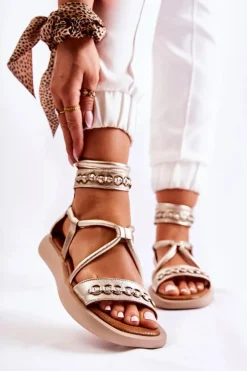 Skórzane Sandały Na Platformie Maciejka 05559-25 Złote