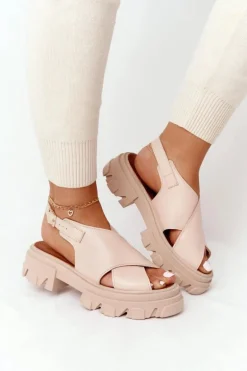Skórzane Sandały Na Platformie Lewski Shoes 3018-0 Beżowe