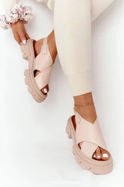 Skórzane Sandały Na Platformie Lewski Shoes 3018-0 Beżowe