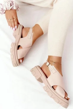Skórzane Sandały Na Platformie Lewski Shoes 3018-0 Beżowe