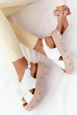 Skórzane Sandały Na Platformie Lewski Shoes 3018-0 Białe