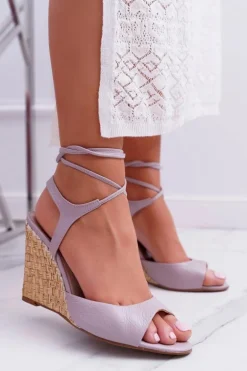 Skórzane Sandały Na Plecionym Koturnie Laura Messi 1944 Jasny Fiolet