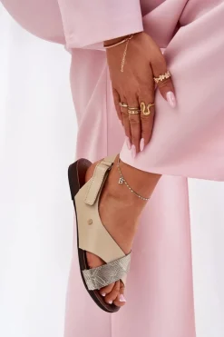 Skórzane Sandały Na Rzep Zazoo 40141 Beżowo-Złote