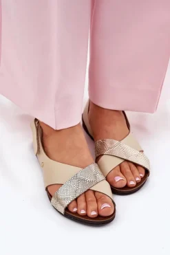 Skórzane Sandały Na Rzep Zazoo 40141 Beżowo-Złote