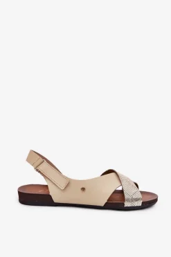 Skórzane Sandały Na Rzep Zazoo 40141 Beżowo-Złote