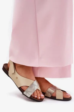 Skórzane Sandały Na Rzep Zazoo 40141 Beżowo-Złote