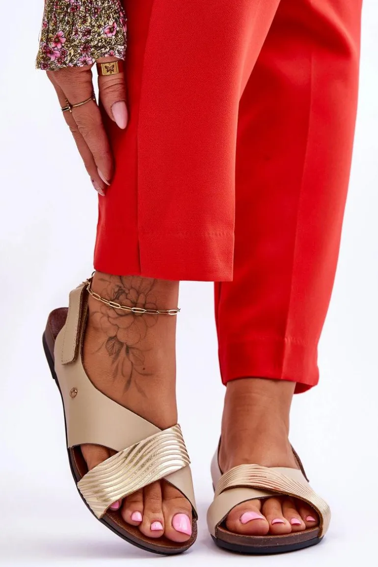 Skórzane Sandały Na Rzep Złoto-Beżowe Lemar Addison