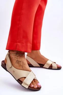 Skórzane Sandały Na Rzep Złoto-Beżowe Lemar Addison