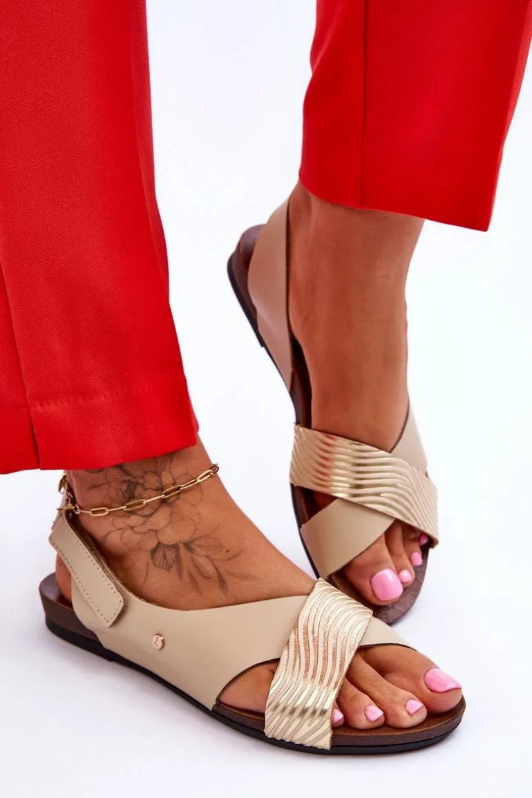 Skórzane Sandały Na Rzep Złoto-Beżowe Lemar Addison