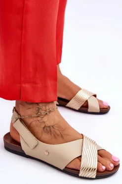 Skórzane Sandały Na Rzep Złoto-Beżowe Lemar Addison