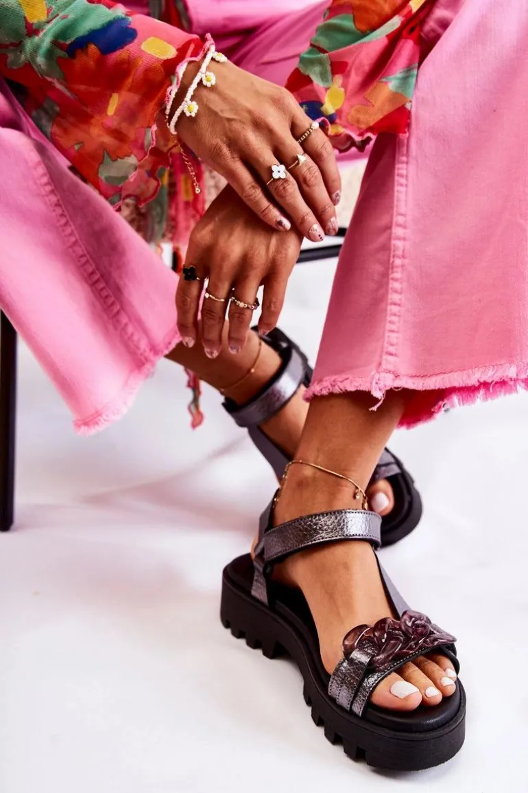 Skórzane Sandały Na Rzepy Maciejka L5009-41 Ciemnosrebrne