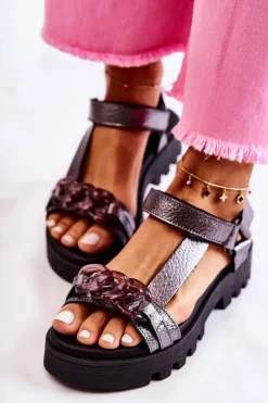 Skórzane Sandały Na Rzepy Maciejka L5009-41 Ciemnosrebrne