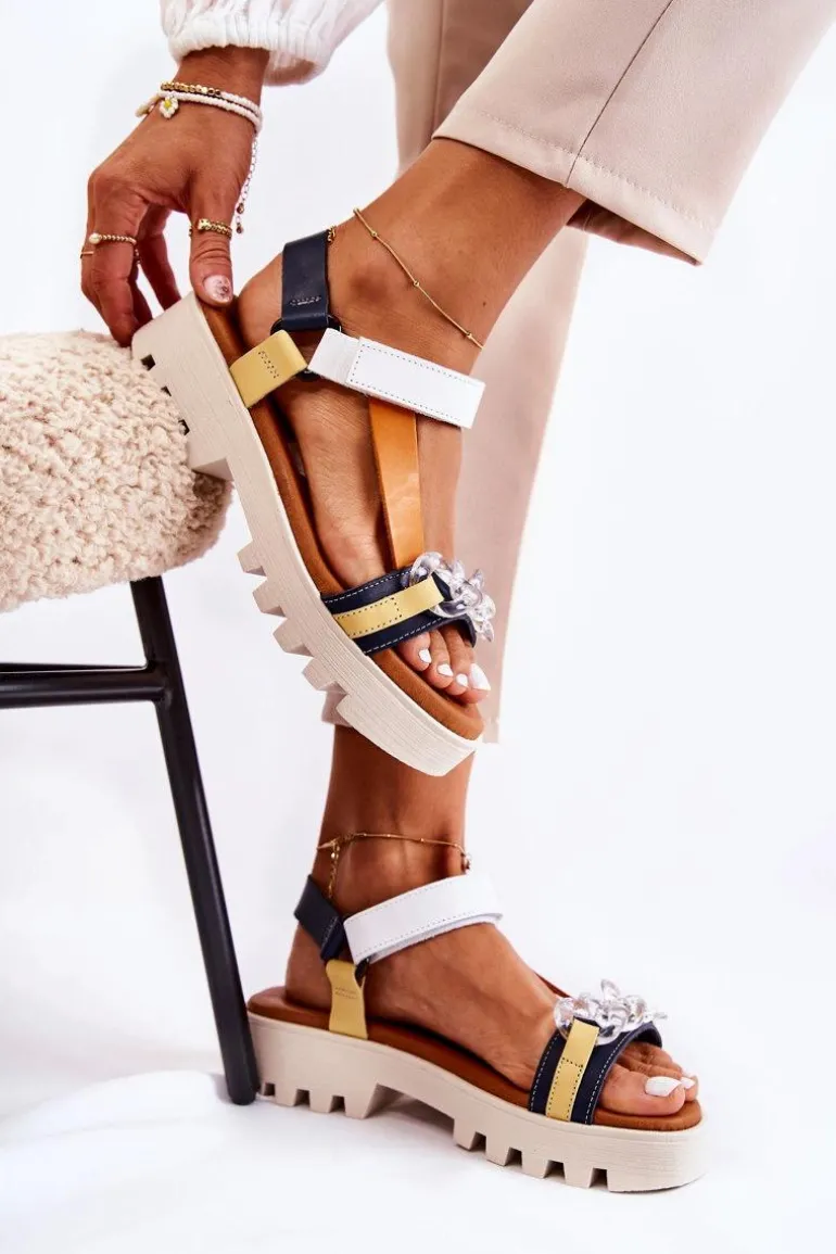 Skórzane Sandały Na Rzepy Maciejka L5009-02 Granatowo-Białe