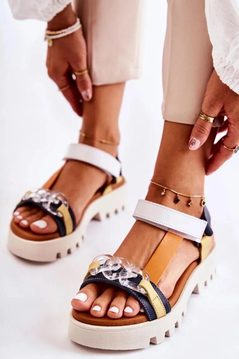 Skórzane Sandały Na Rzepy Maciejka L5009-02 Granatowo-Białe