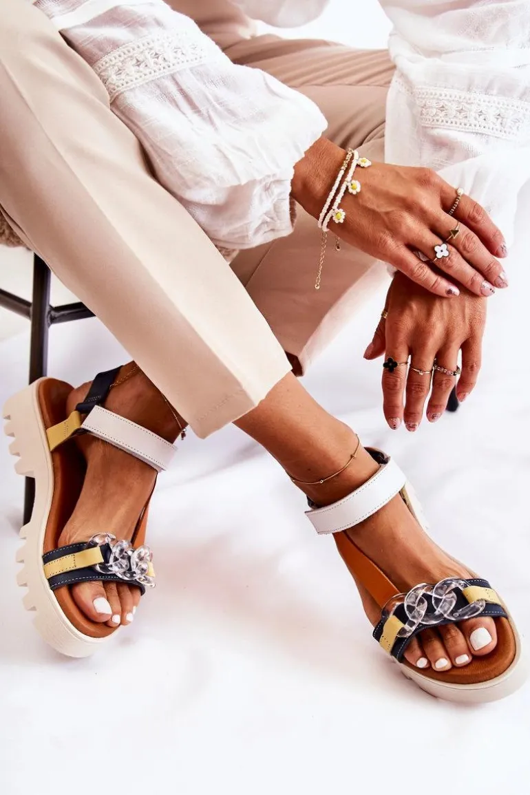 Skórzane Sandały Na Rzepy Maciejka L5009-02 Granatowo-Białe