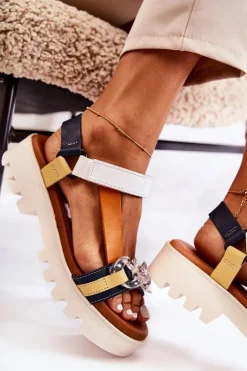 Skórzane Sandały Na Rzepy Maciejka L5009-02 Granatowo-Białe