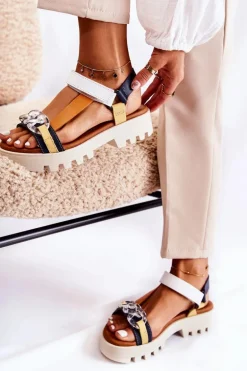 Skórzane Sandały Na Rzepy Maciejka L5009-02 Granatowo-Białe