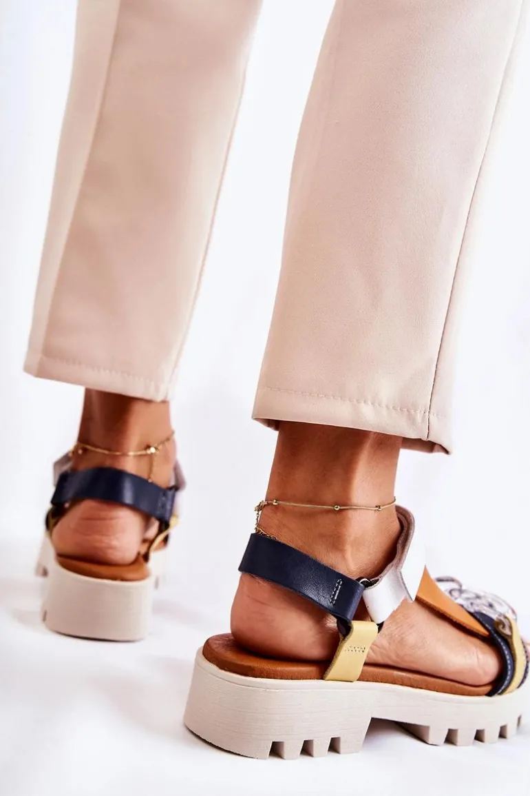 Skórzane Sandały Na Rzepy Maciejka L5009-02 Granatowo-Białe