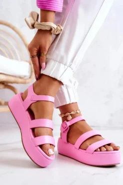 Skórzane Sandały Na Sprzączkę Różowe Graceful