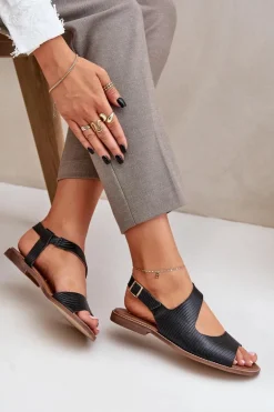 Skórzane Sandały Na Sprzączkę Z Tłoczeniem Lewski 3041 Czarne